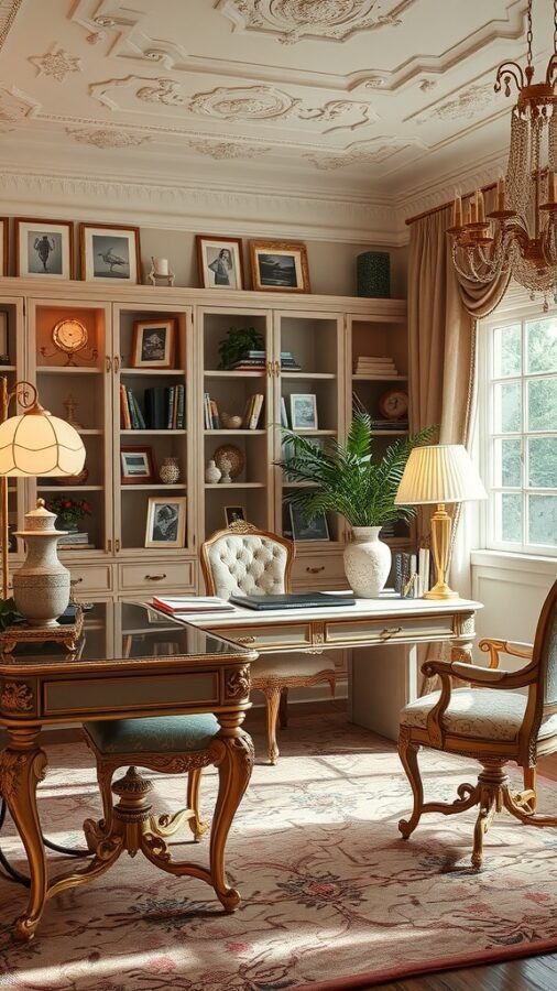 A vintage glam office decor featuring a luxurious desk, elegant chairs, and ornate bookshelves with framed pictures and plants.
