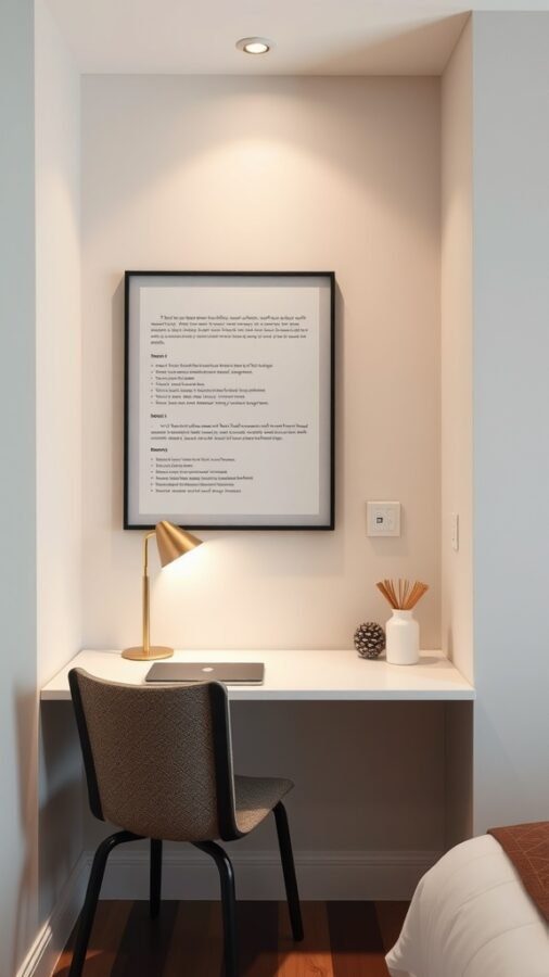A minimalist wall-mounted desk with a chair, lamp, and wall art in a cozy home office setup.