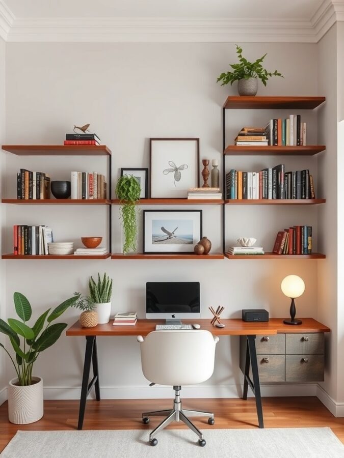 25 Smart Storage Solutions for a Stylish Home Office 9 A modern home office featuring wall-mounted shelves filled with books and decorative items, alongside a sleek desk and chair.