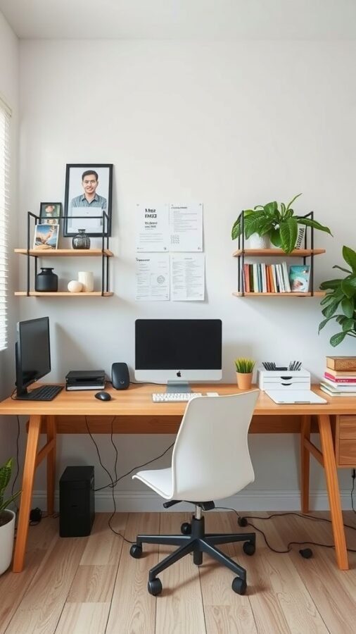 Minimalist home office with organized wire management, featuring a wooden desk, computer, and plants.