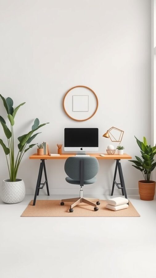 A minimalistic Zen meditation office with a wooden desk, ergonomic chair, plants, and natural light.