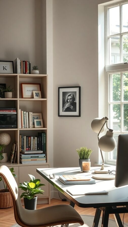 A bright home office with a desk, lamp, and bookshelves filled with plants and books.