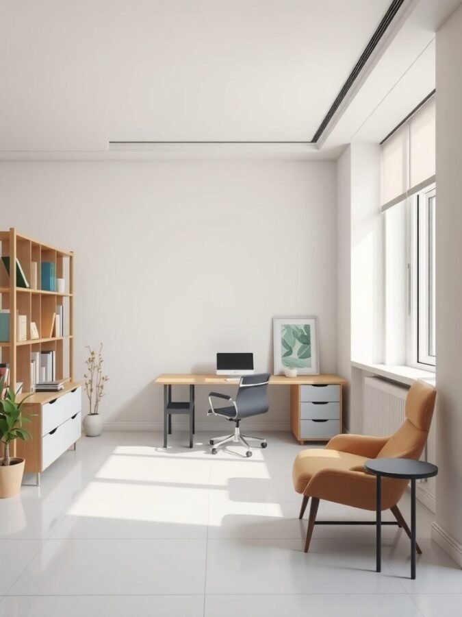 A contemporary study room featuring a wooden desk, ergonomic chair, bookshelf, and a potted plant, all in neutral tones.