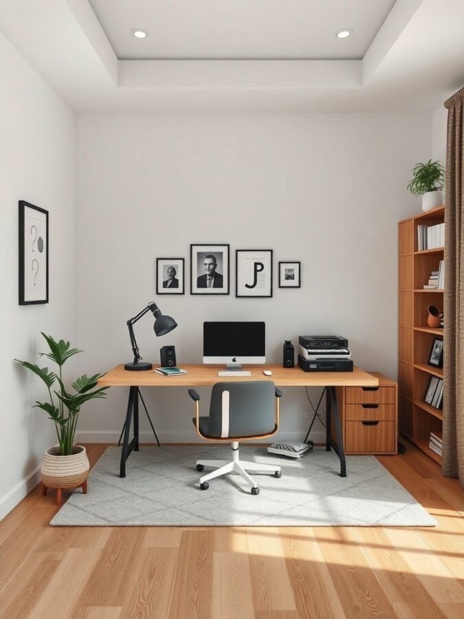 A minimalistic home office with a wooden desk, comfortable chair, framed pictures on the wall, and a plant in the corner.
