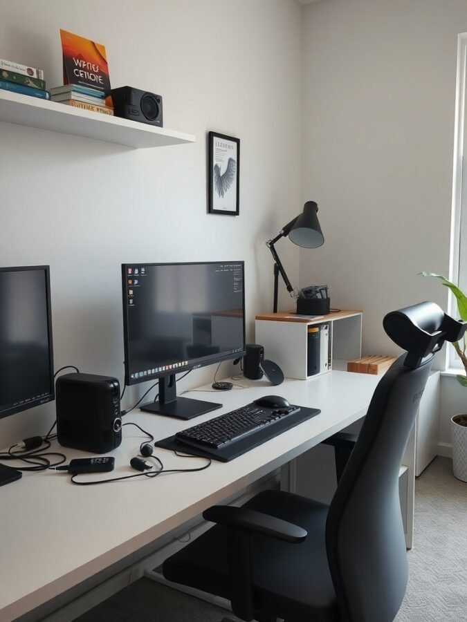 A modern home office setup featuring dual monitors, a comfortable chair, and a lamp.