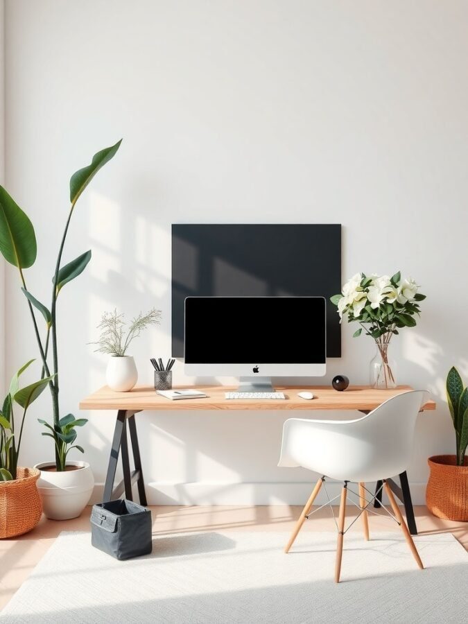 A minimalistic home office with a wooden desk, computer, and plants.