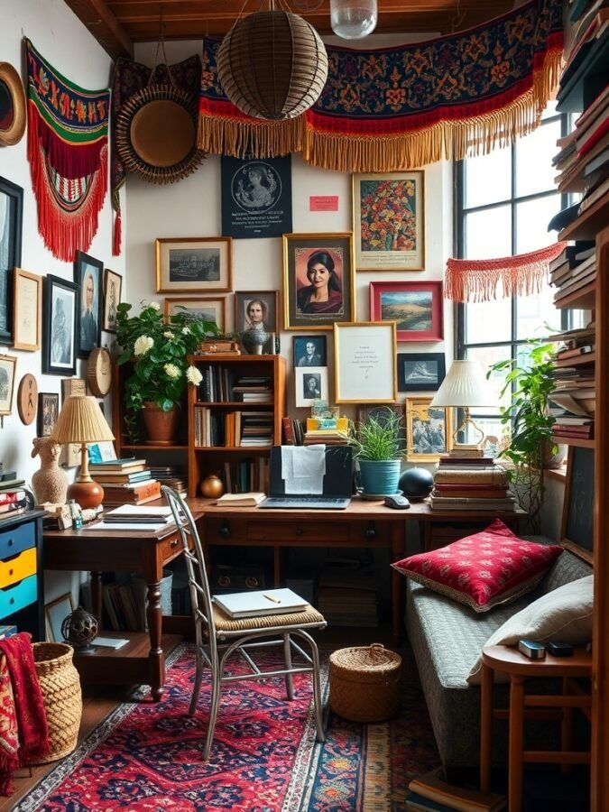 A cozy eclectic bohemian study room with colorful decor, framed art, a wooden desk, and a comfortable sofa.