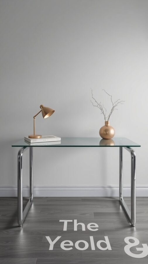 19 Inspiring Home Office Desk Ideas to Elevate Your Workspace 17 A modern glass top desk with chrome legs, a lamp, and a decorative vase.