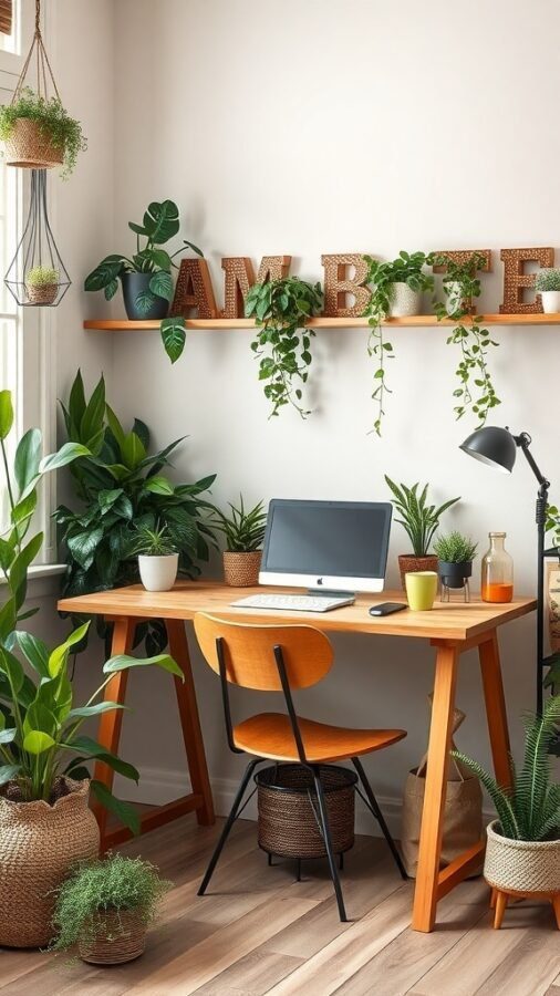 15 Home Office Inspiration to Transform Your Workspace 5 A cozy eco-friendly home office with a wooden desk, laptop, and various indoor plants.