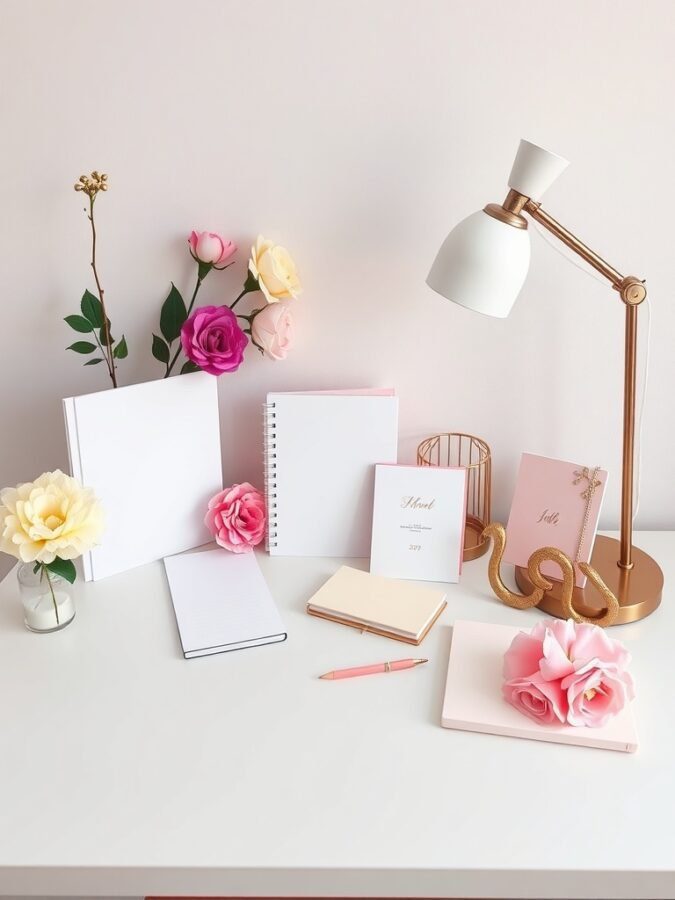 A feminine home office desk arrangement with notebooks, flowers, and a lamp.