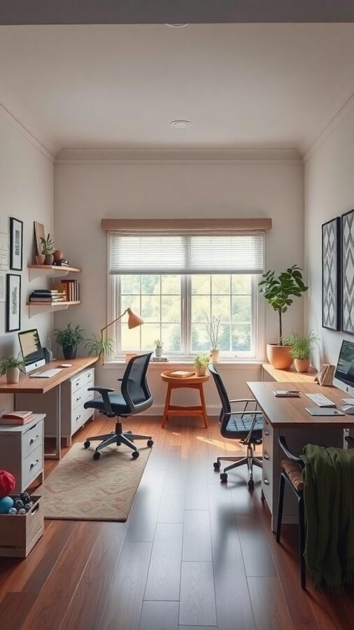 15 Home Office Inspiration to Transform Your Workspace 11 A bright and functional family office space with two desks, plants, and a central table.