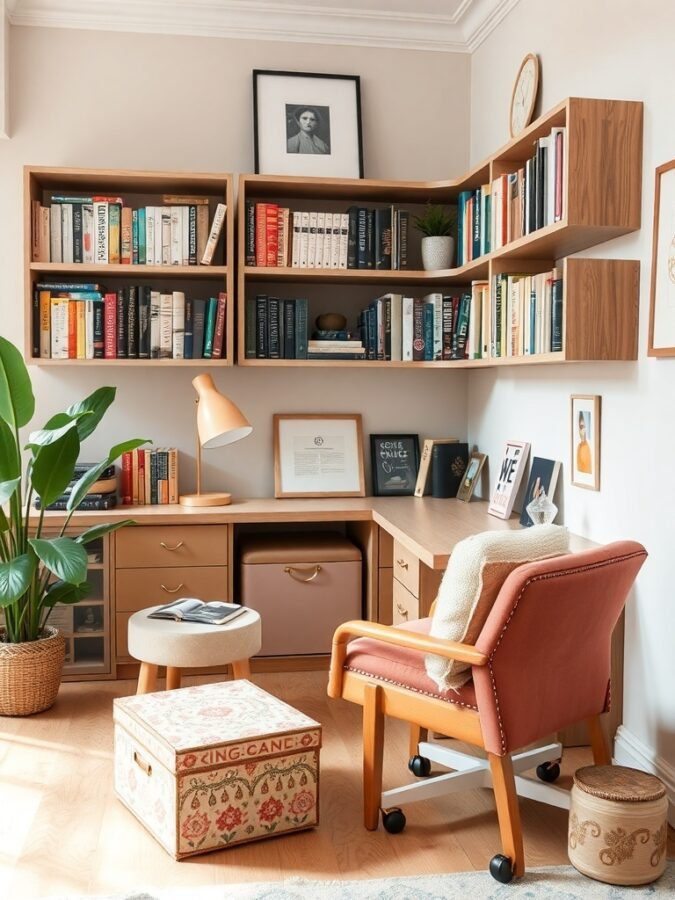 A stylish feminine home office featuring wooden shelves filled with books, a desk with drawers, a cozy chair, and decorative storage.