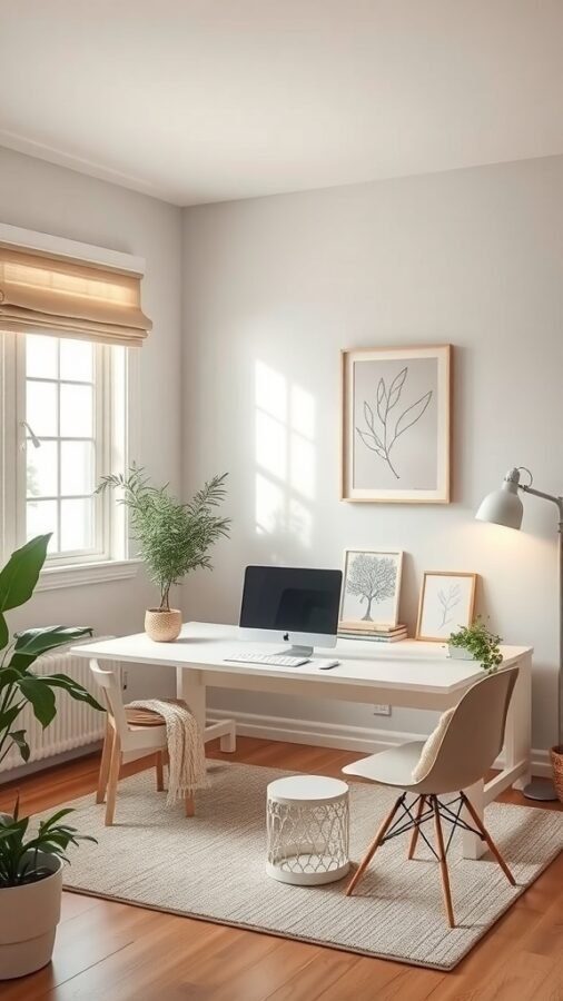A serene home office with a minimalist desk, plants, and natural light.
