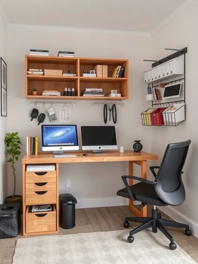 A small home office featuring a wooden desk with storage drawers, wall-mounted shelves, and a metal rack for organizing office supplies.