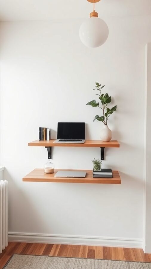 19 Inspiring Home Office Desk Ideas to Elevate Your Workspace 1 A minimalist floating desk setup with two wooden shelves, a laptop, books, and a plant.
