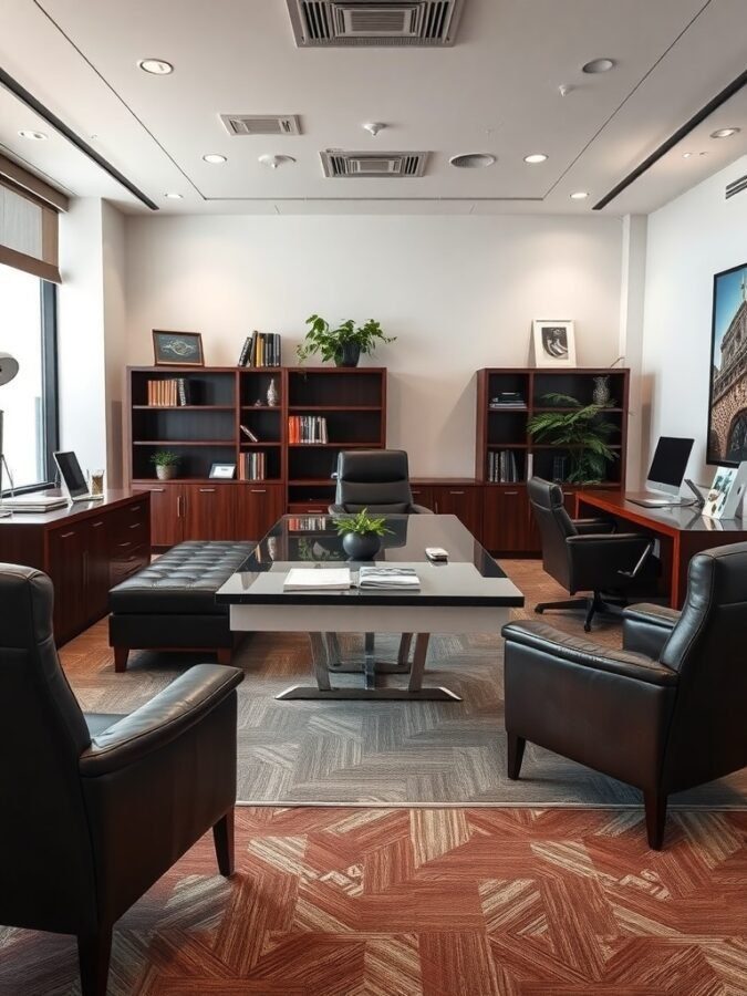 A stylish masculine home office featuring dark wood furniture and leather chairs.