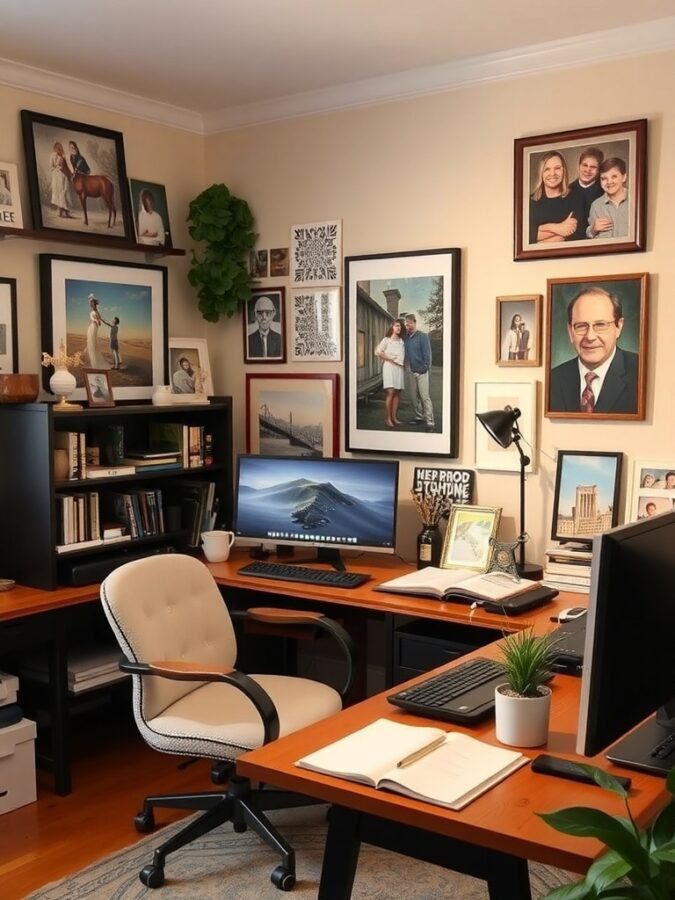 A home office with a mix of artwork and family photos on the walls, featuring a desk with computers and a cozy chair.