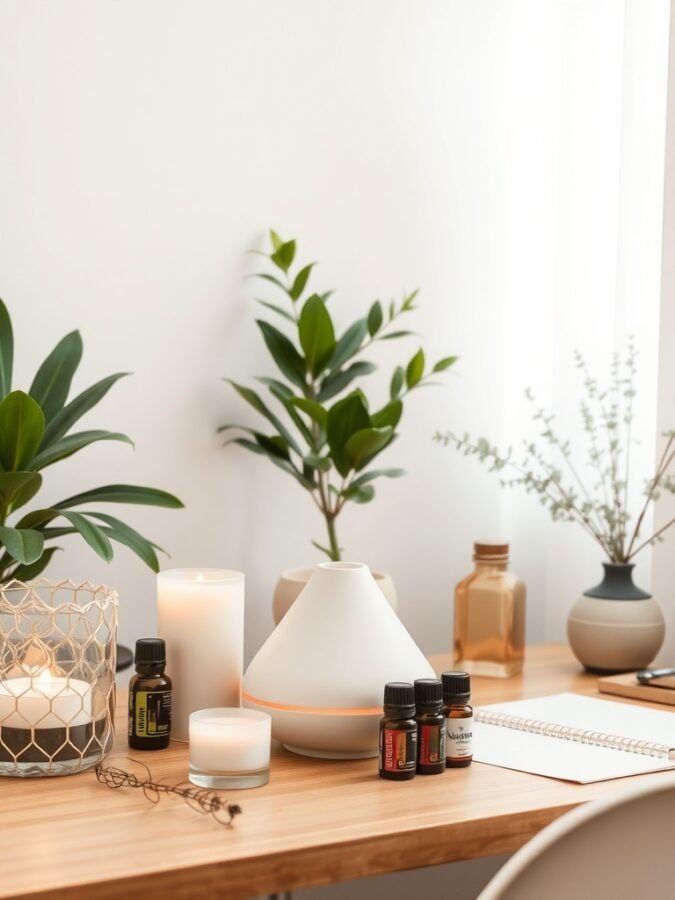 A calming home office setup featuring a diffuser, candles, essential oils, and plants on a wooden desk.