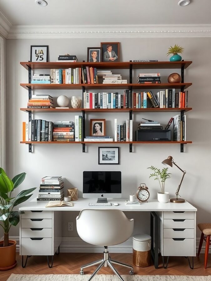 A modern home office with open shelving filled with books and decor above a clean desk with a computer.