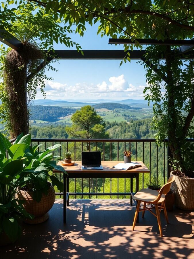 An outdoor study space featuring a wooden desk with a laptop and plants, overlooking scenic nature views.