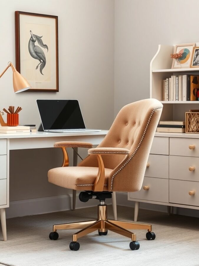 Stylish beige office chair with gold accents in a modern home office setting