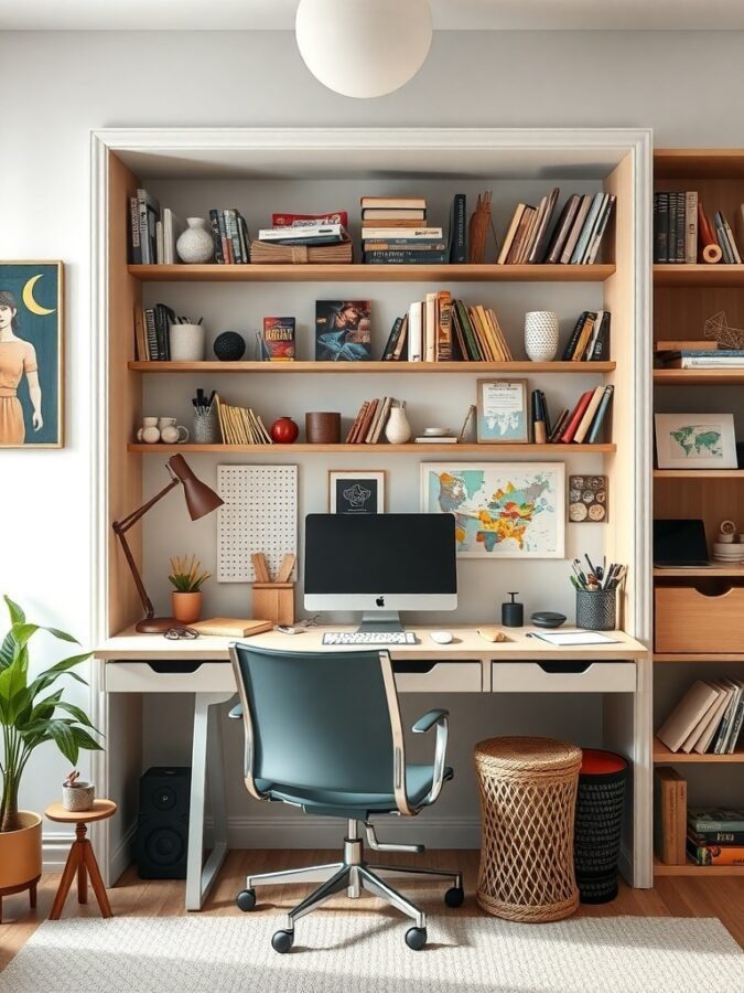 A stylish home office with a desk, computer, bookshelves, and decorative items.