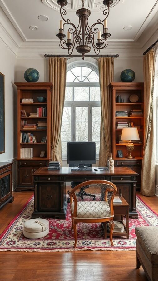 A traditional home office featuring wooden furniture, a modern computer setup, and elegant decor.