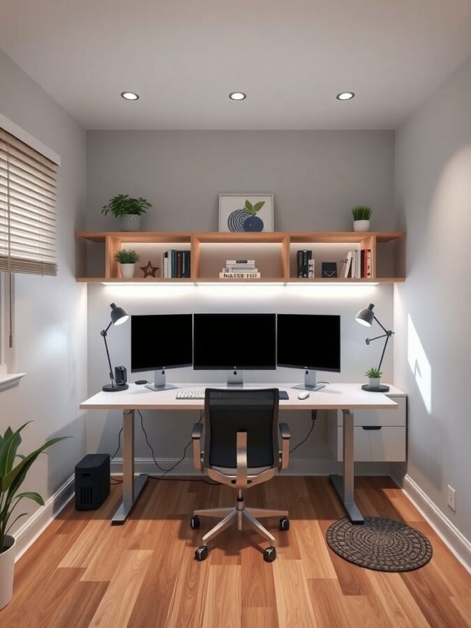 A modern home office with three monitors, a sleek desk, and plants for a tech-integrated workspace.
