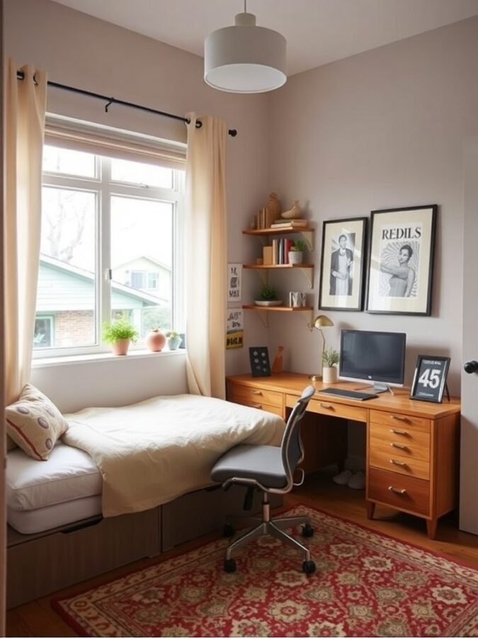 A cozy home office with a bed and a desk, showcasing a dual-function space.