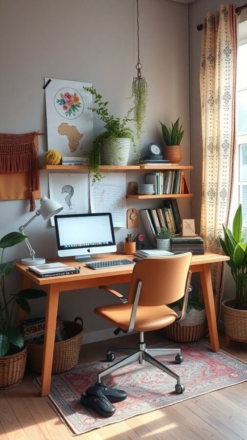 19 Inspiring Home Office Desk Ideas to Elevate Your Workspace 16 Bohemian styled desk area with wooden desk, plants, and colorful wall art