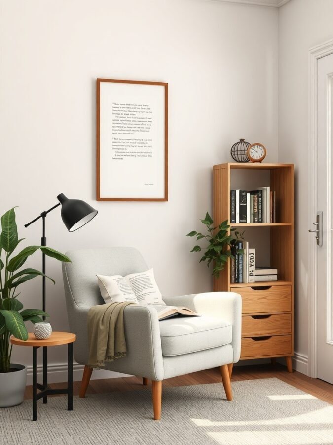 Cozy reading nook with a gray armchair, side table, lamp, bookshelf, and plants.