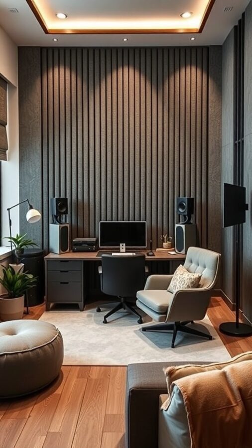 A modern home office with soundproofing features, including textured wall panels, a cozy chair, and plants.