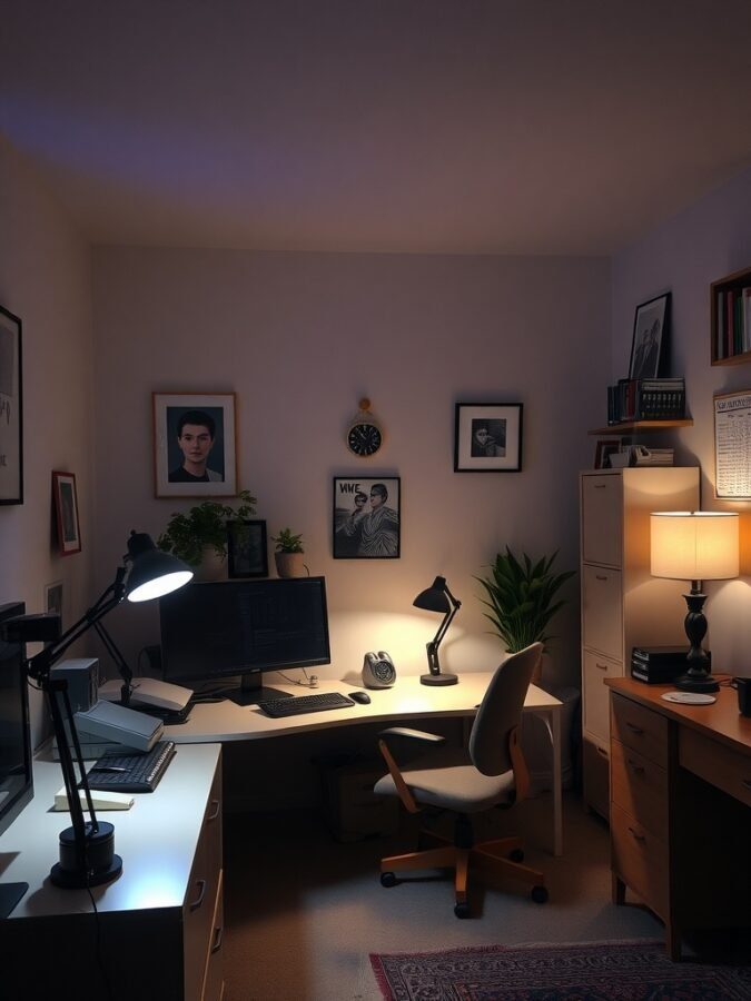 A cozy home office with a desk lamp, computer, and plants, showcasing effective lighting solutions.