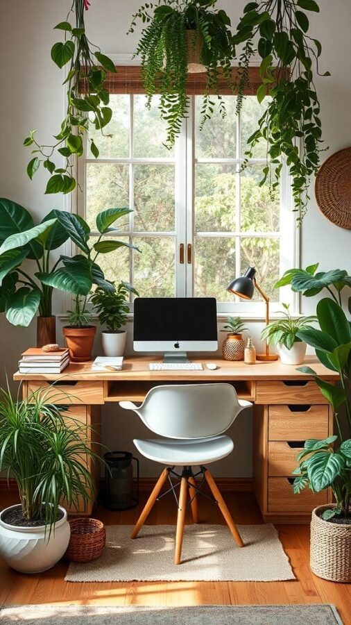 19 Inspiring Home Office Desk Ideas to Elevate Your Workspace 8 A nature-inspired home office desk with plants and a computer