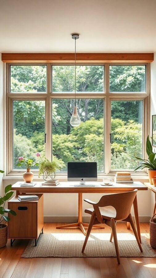 A bright and inviting home office with large windows overlooking greenery, featuring a wooden desk, computer, and plants.