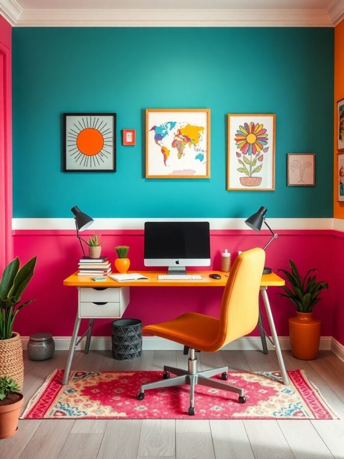 A vibrant home office with turquoise and pink walls, an orange desk, and colorful artwork.