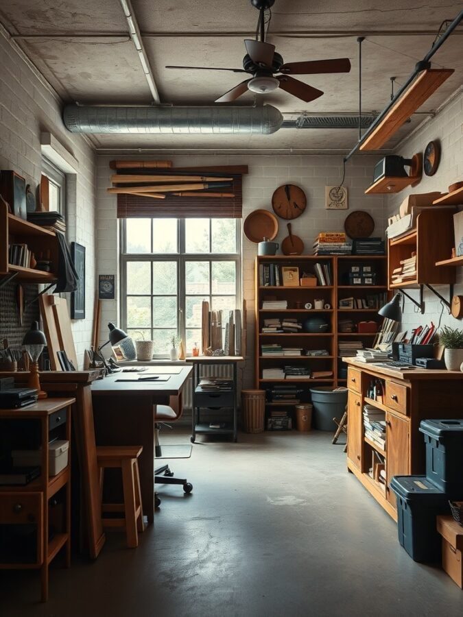 A cozy artisan workshop with wooden furniture, tools, and natural light.