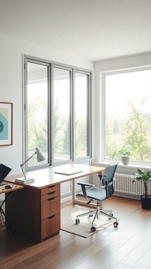 A minimalist home office with large windows, a simple desk, and a comfortable chair, filled with natural light.