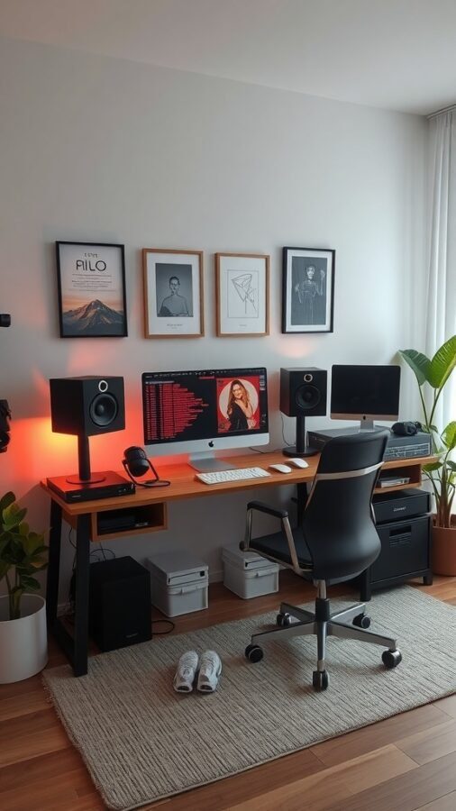 A stylish work-from-home setup featuring a computer, speakers, and vibrant lighting.