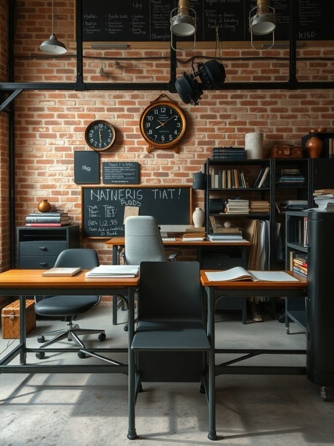 An industrial chic workspace featuring metal accents, exposed brick walls, wooden desks, and stylish lighting.
