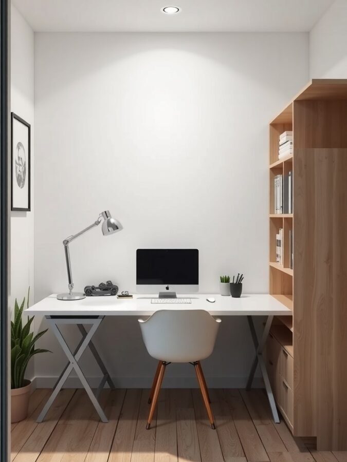 A modern foldable desk in a small home office with a computer, lamp, and potted plant.