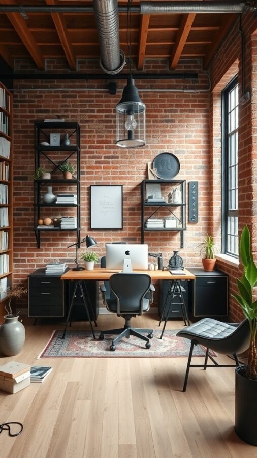 An industrial style home office featuring exposed brick walls, wooden desk, black shelving, and plants.