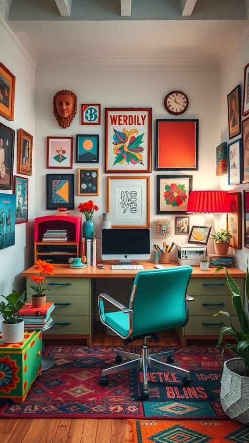 A colorful eclectic home office setup with vibrant artwork, a turquoise chair, and a wooden desk.