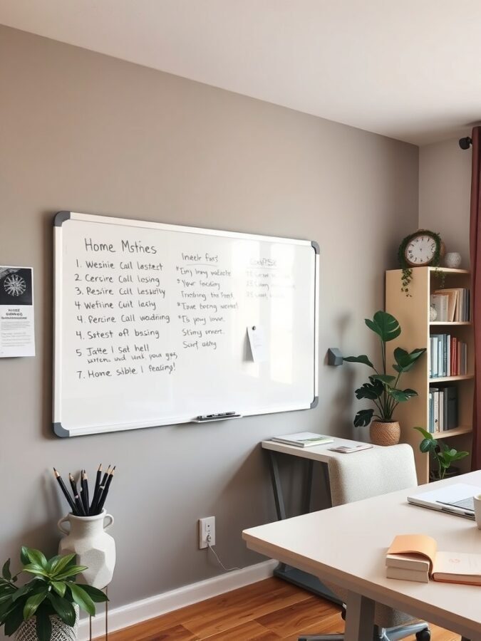 A home office featuring a whiteboard with notes, a desk, and a plant.