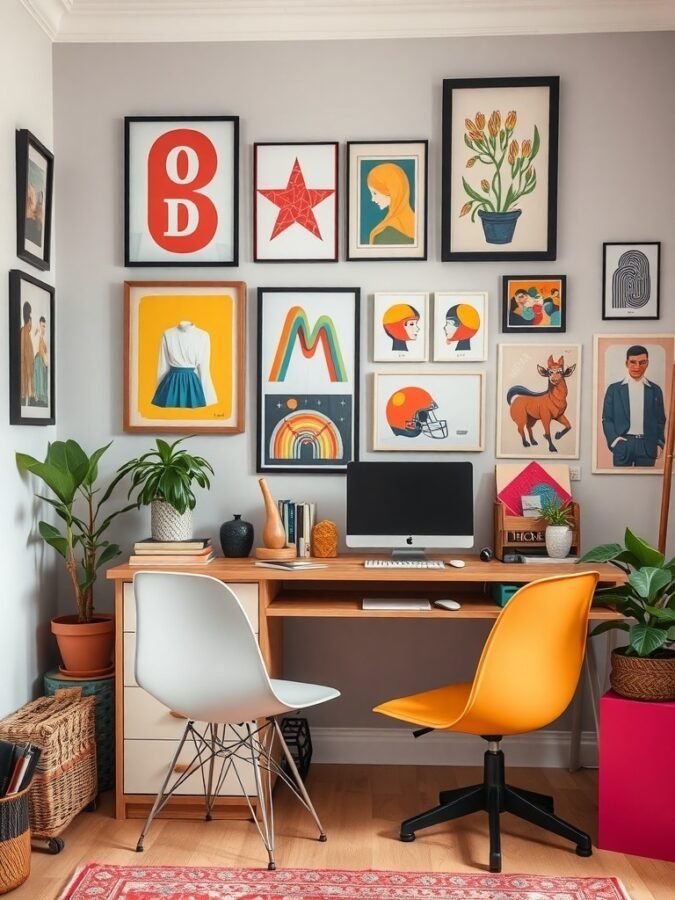 A stylish home office corner with a desk, colorful art displays on the wall, and plants.