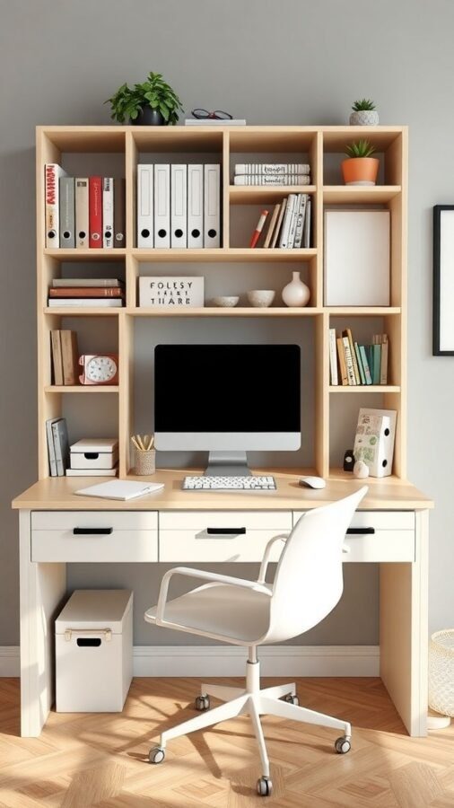 19 Inspiring Home Office Desk Ideas to Elevate Your Workspace 10 A modern home office desk with storage, featuring a computer, books, and decorative items.