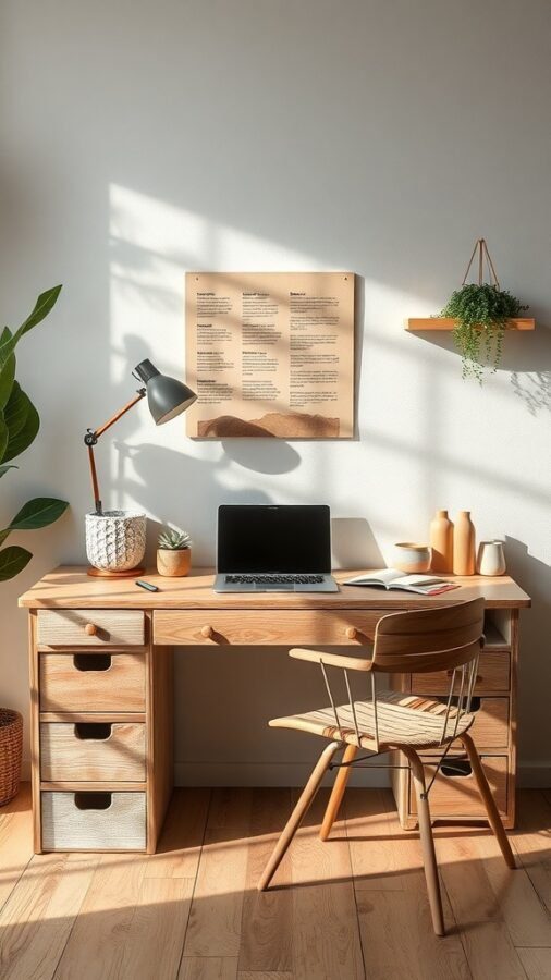 19 Inspiring Home Office Desk Ideas to Elevate Your Workspace 9 A sustainable eco-friendly desk with a laptop, plant, and decorative items in a well-lit room.