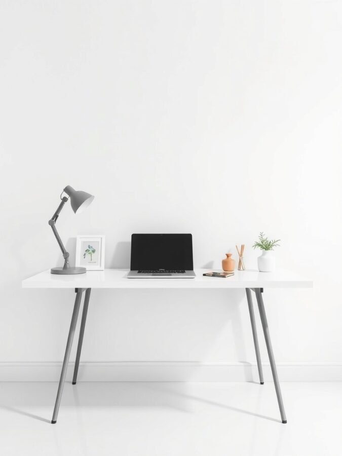 Minimalist desk setup with a laptop, lamp, and decorative items.