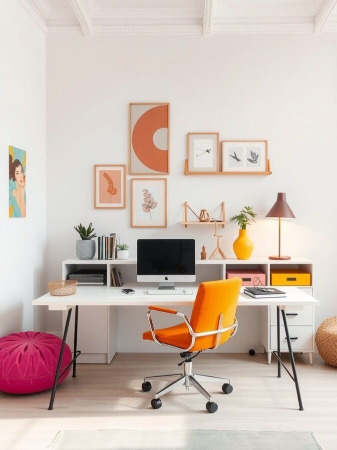 A stylish home office featuring a white desk, colorful accents, and wall art.
