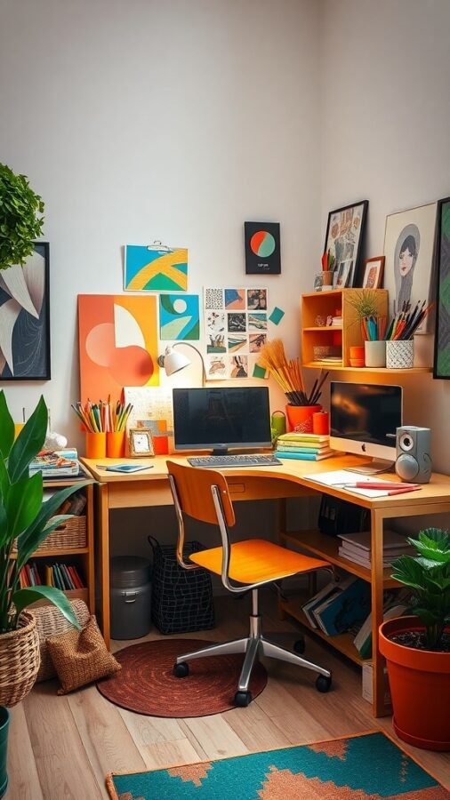A cozy home office corner with a desk, art supplies, plants, and colorful wall art.
